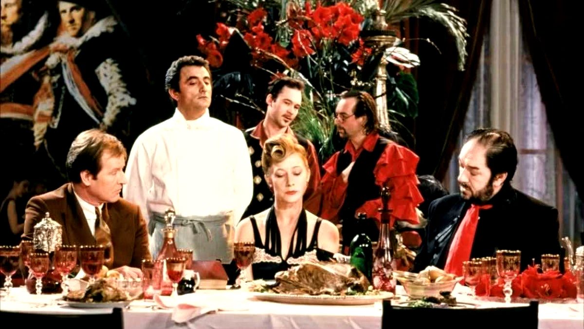 The Lover (Alan Howard), The Cook (Richard Bohringer), The Wife (Helen Mirren) and The Thief (Michael Gambon) in The Cook, The Thief, His Wife and Her Lover (1989)