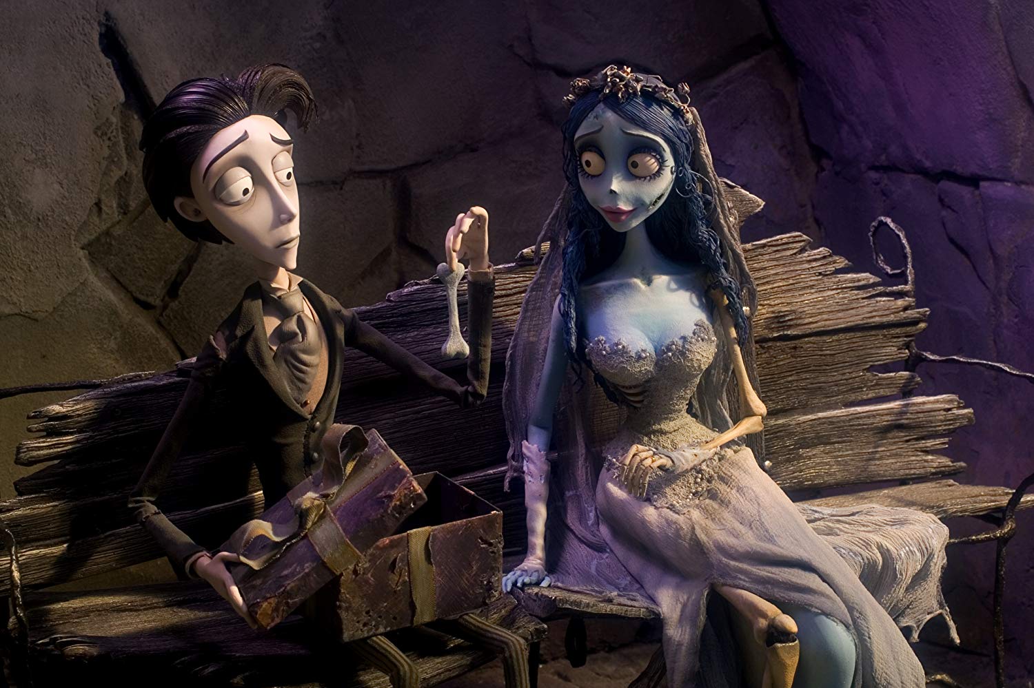 Victor Van Dort (voiced by Johnny Depp) and Emily the corpse bride (voiced by Helena Bonham Carter) in Corpse Bride (2005)