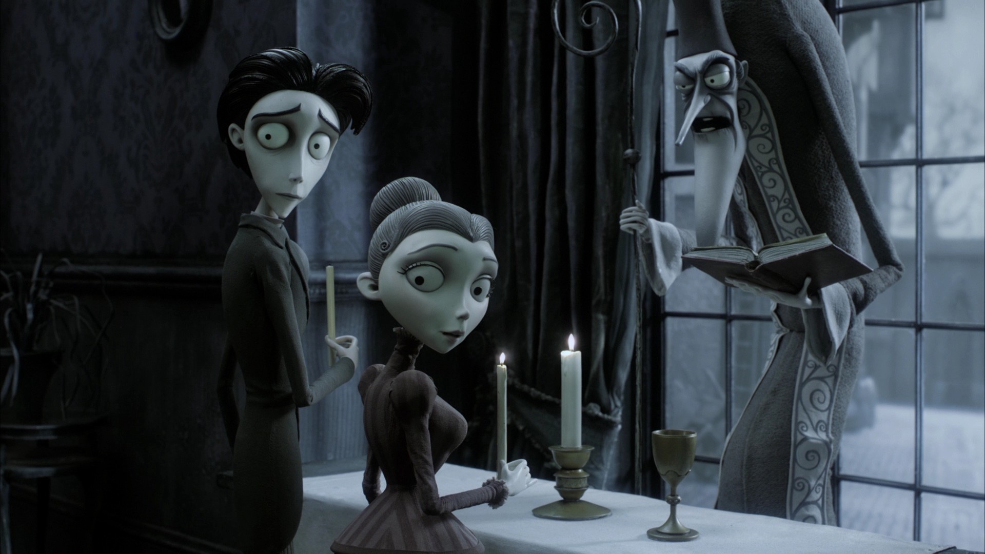 Victor Van Dort (voiced by Johnny Depp) prepares to marry his regular human bride Victoria Everglot (voiced by Emily Watson) in Corpse Bride (2005)