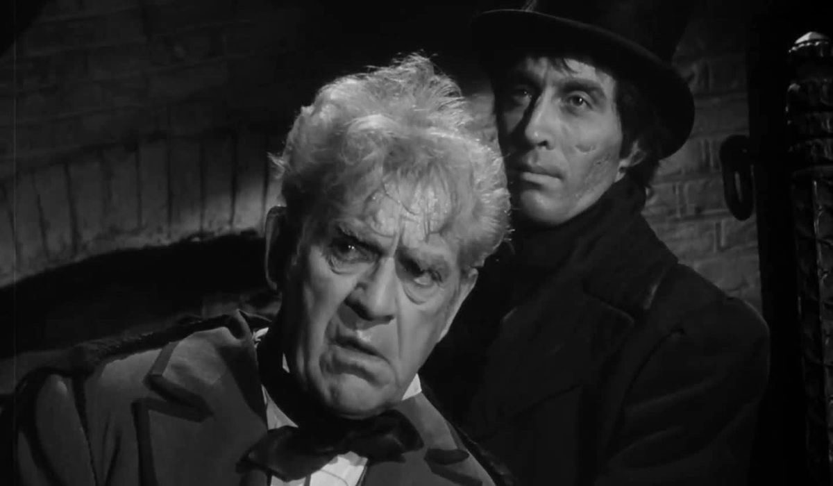 (l to r) Boris Karloff with Christopher Lee as the body snatcher Resurrection Joe in Corridors of Blood (1958)