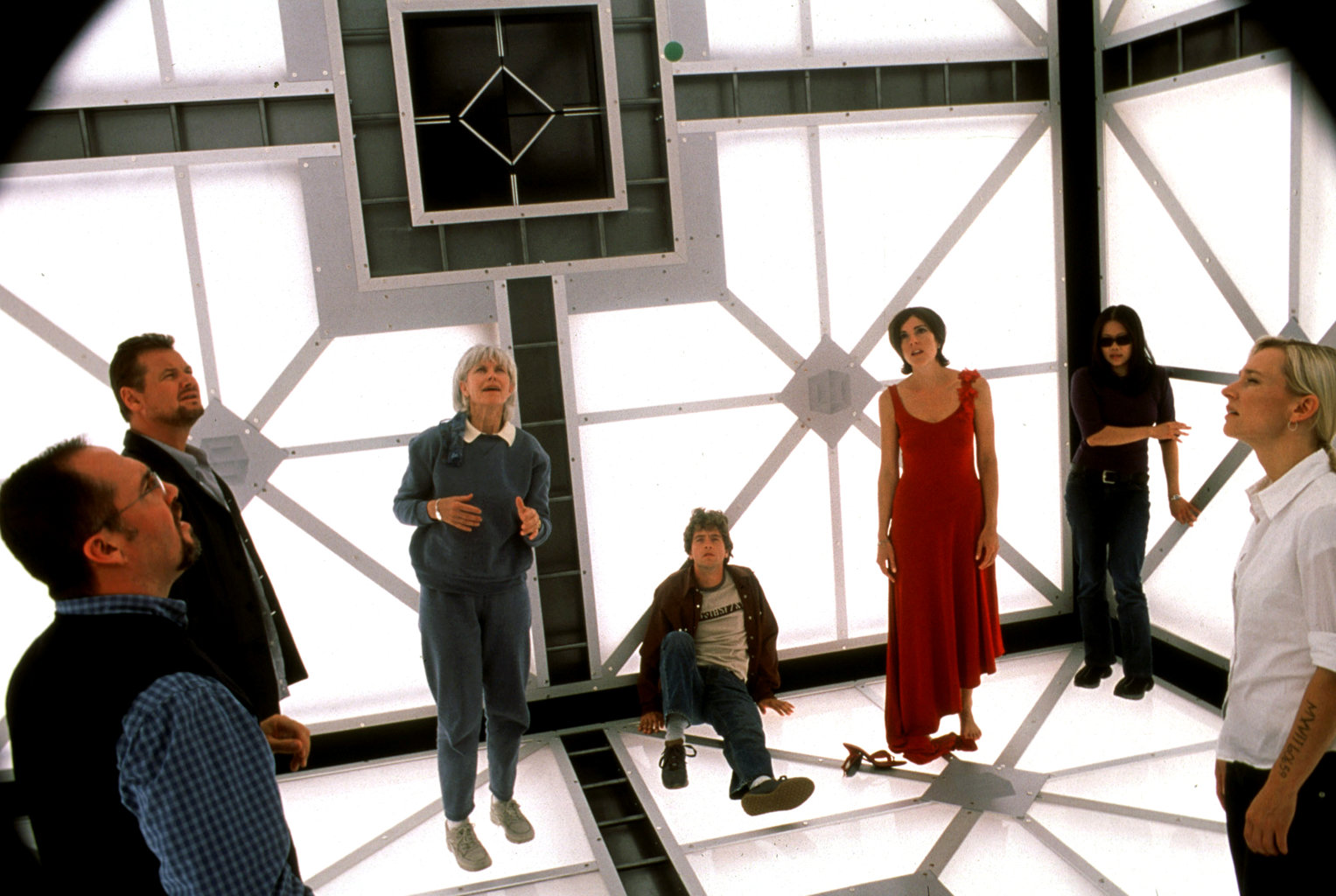 (l to r) Neil Crone, Geraint Wyn Davies, Barbara Gordon, Matthew Ferguson, Lindsey Connell, Grace Lynn Kung and Kari Matchett in Cube 2: Hypercube (2002)