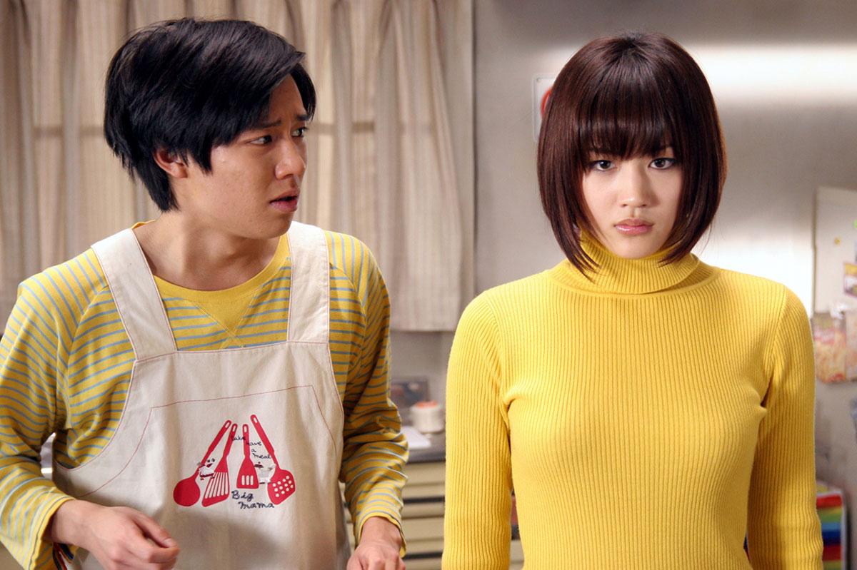 Nerdy Keisuke Koide with cyborg girl Haruka Ayase in Cyborg She (2007)