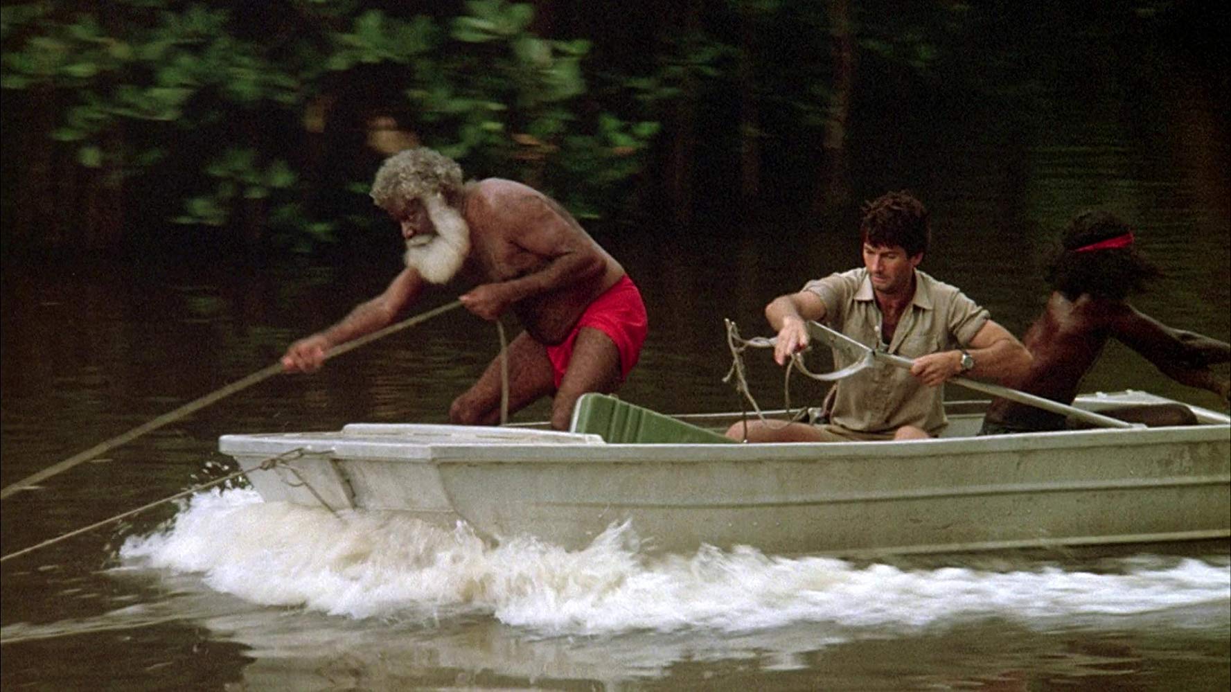 John Jarratt and the Aborigines go hunting the crocodile in Dark Age (1987)