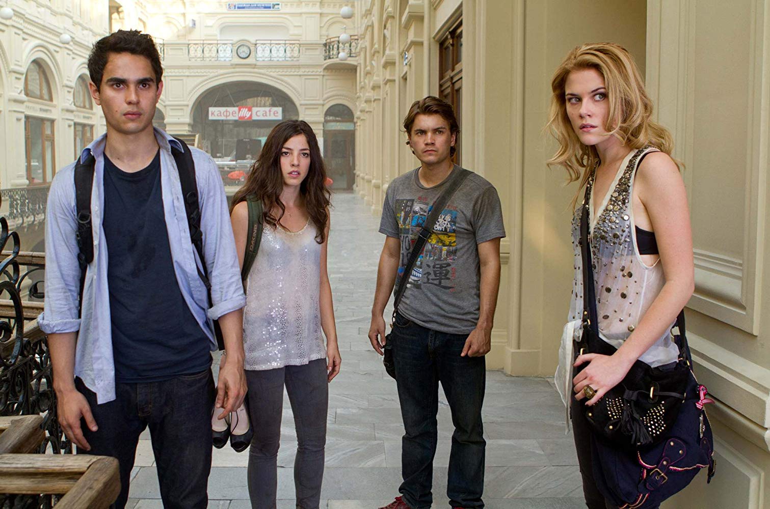 Self-absorbed American twentysomethings in Moscow - (l to r) Max Minghella, Olivia Thirlby, Emile Hirsch and Rachael Taylor in The Darkest Hour (2011)