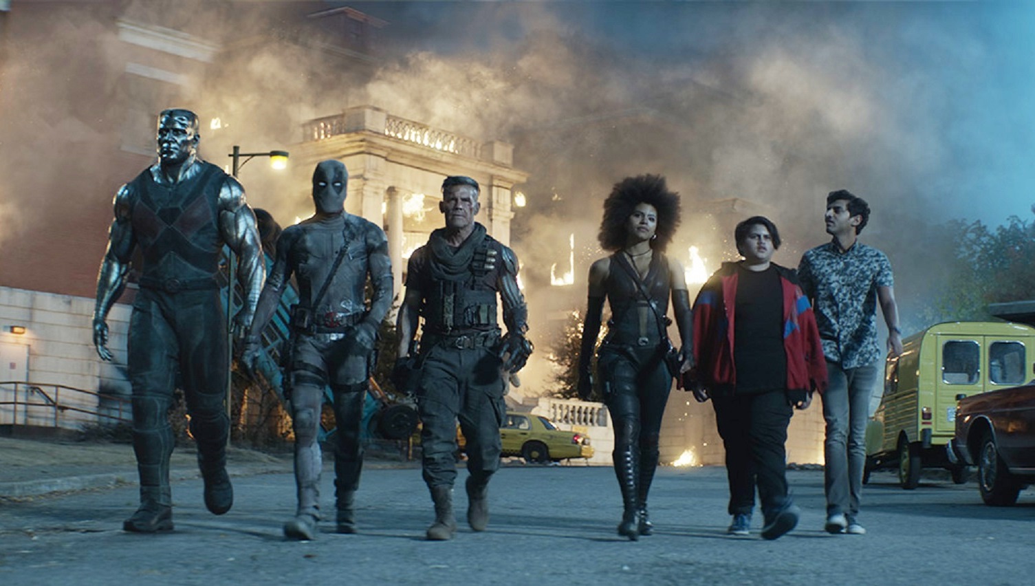 Colossus, Deadpool (Ryan Reynolds), Cable (James Brolin), Domino (Zazie Beetz), Firefist (Julian Dennison), Dopinder (Karan Soni) in Deadpool 2 (2018)