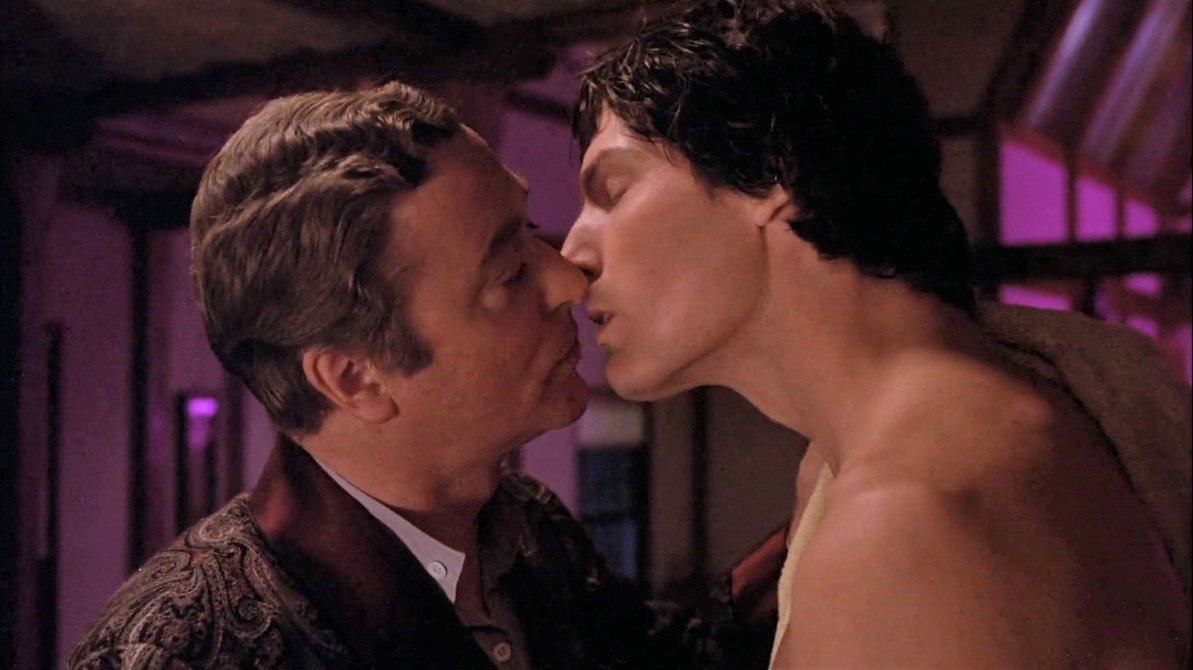 The gay kiss between Michael Caine and Christopher Reeve in Deathtrap (1982)