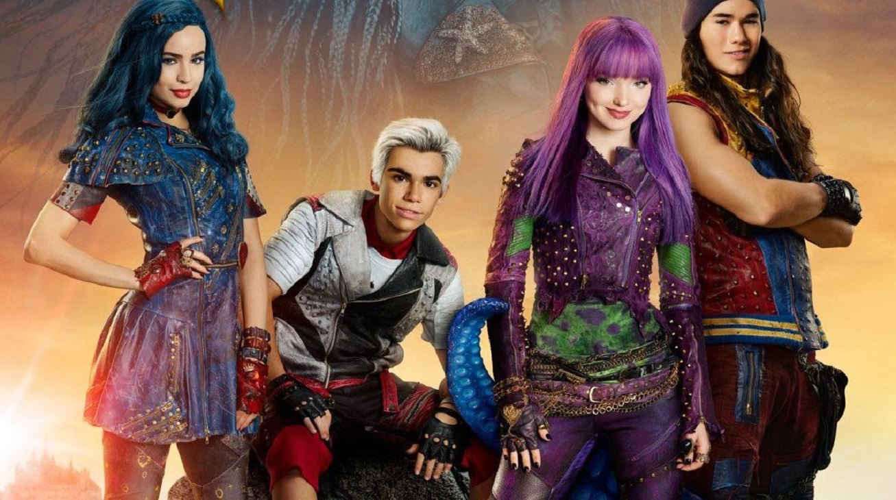 The Descendants - (l to r) Evie (Sofia Carson), Carlos (Cameron Boyce), Mal (Cameron Dove) and Jay (Booboo Stewart) in Descendants 2 (2017)