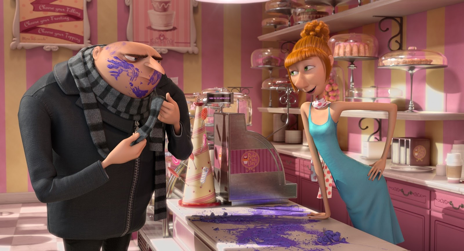 Gru (voiced by Steve Carell) gets a romance with Agent Lucy Wilde (voiced by Kristen Wiig) in Despicable Me 2 (2013)