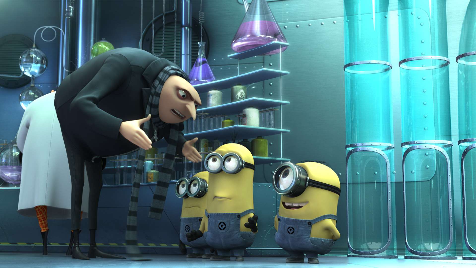 The super-villain Gru (voiced by Steve Carell) and the Minions in Despicable Me (2010)