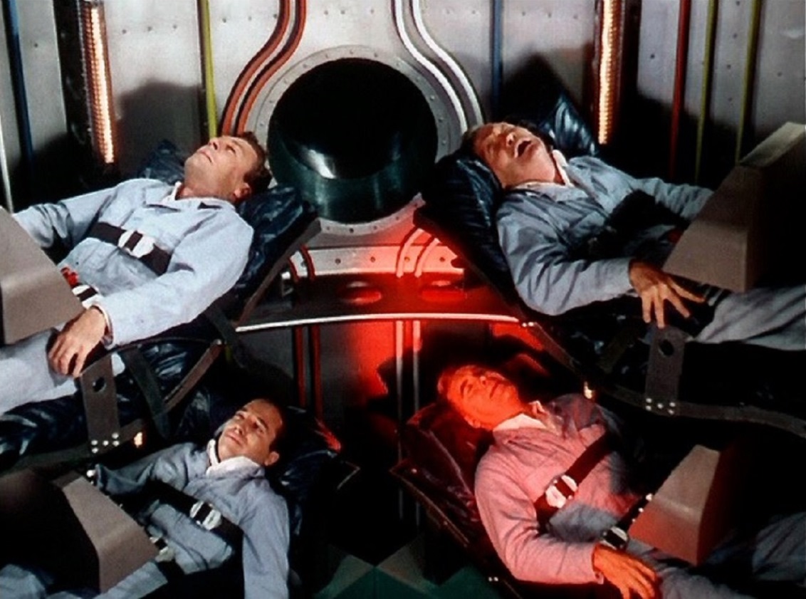 The astronauts as the ship launches (l to r) (top) Warner Anderson, John Archer; (bottom) Dick Wesson and Tom Powers in Destination Moon (1950)
