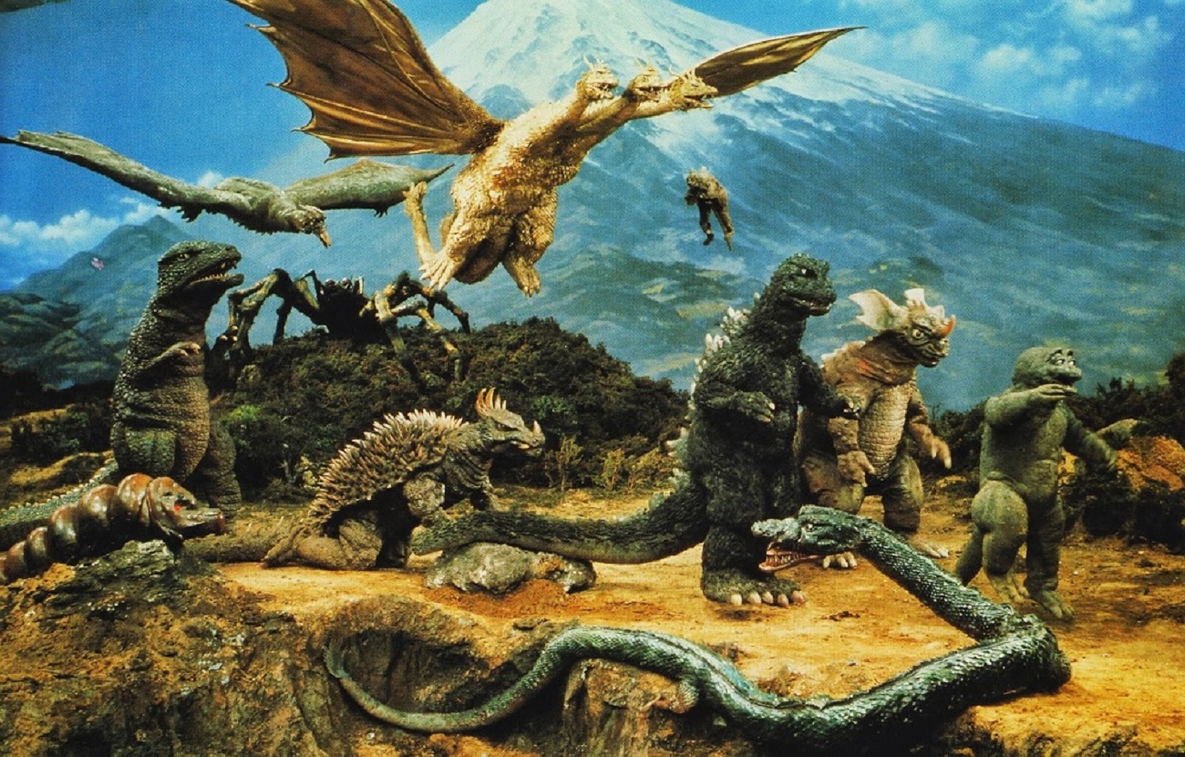 All the monsters under Toho's roof to that point - Rodan, Ghidrah, Varan, Kumonga, the larval Mothra, Gorosaurus, Anguirus, Godzilla, Baragon, Minya and Manda in Destroy All Monsters (1968)