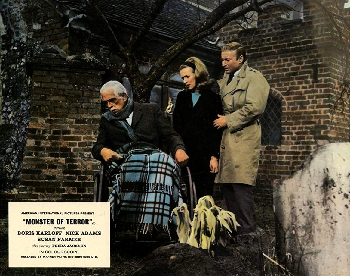 Nahum Whitley (Boris Karloff), daughter Suzan Farmer and her fiance Nick Adams view the strangely mutated plantlife in Die, Monster, Die! (1965)