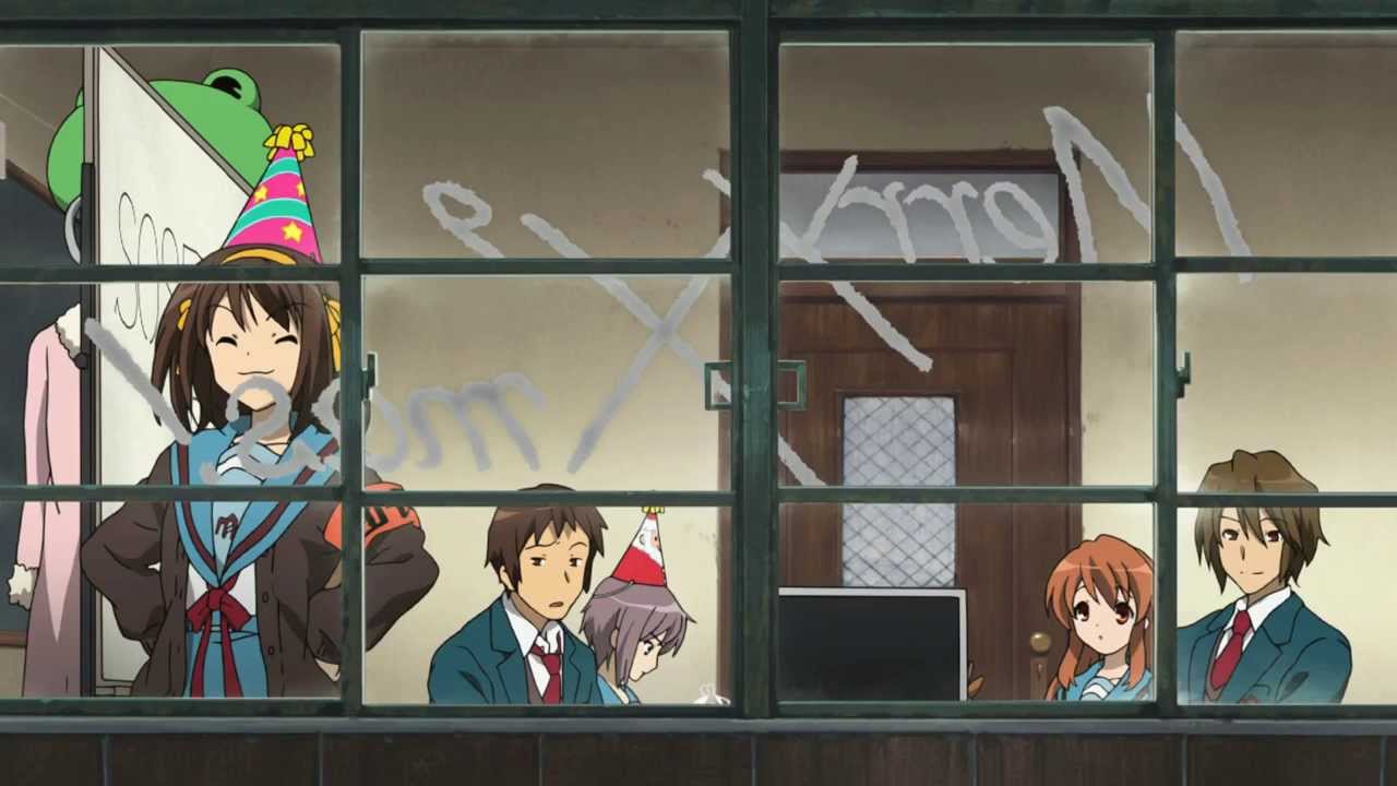 Haruhai Suzimaya, Kyon, Mikuru, Itsuki Koizumi and Yuki,in The Disappearance of Haruhi Suzumiya (2010)