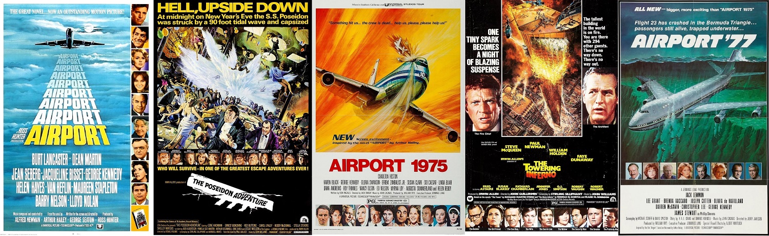 A montage of posters of the 1970s disaster movie hits - Airport (1970), The Poseidon Adventure (1972), Airport 1975 (1974), The Towering Inferno (1974) and Airport 77 (1977)