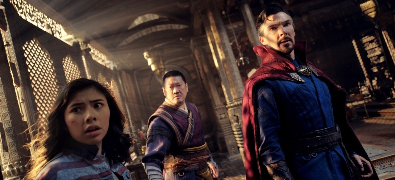 America Chavez (Xochitl Gomez). Wong (Benedict Wong) and Doctor Strange (Benedict Cumberbatch) in Doctor Strange in the Multiverse of Madness (2022)