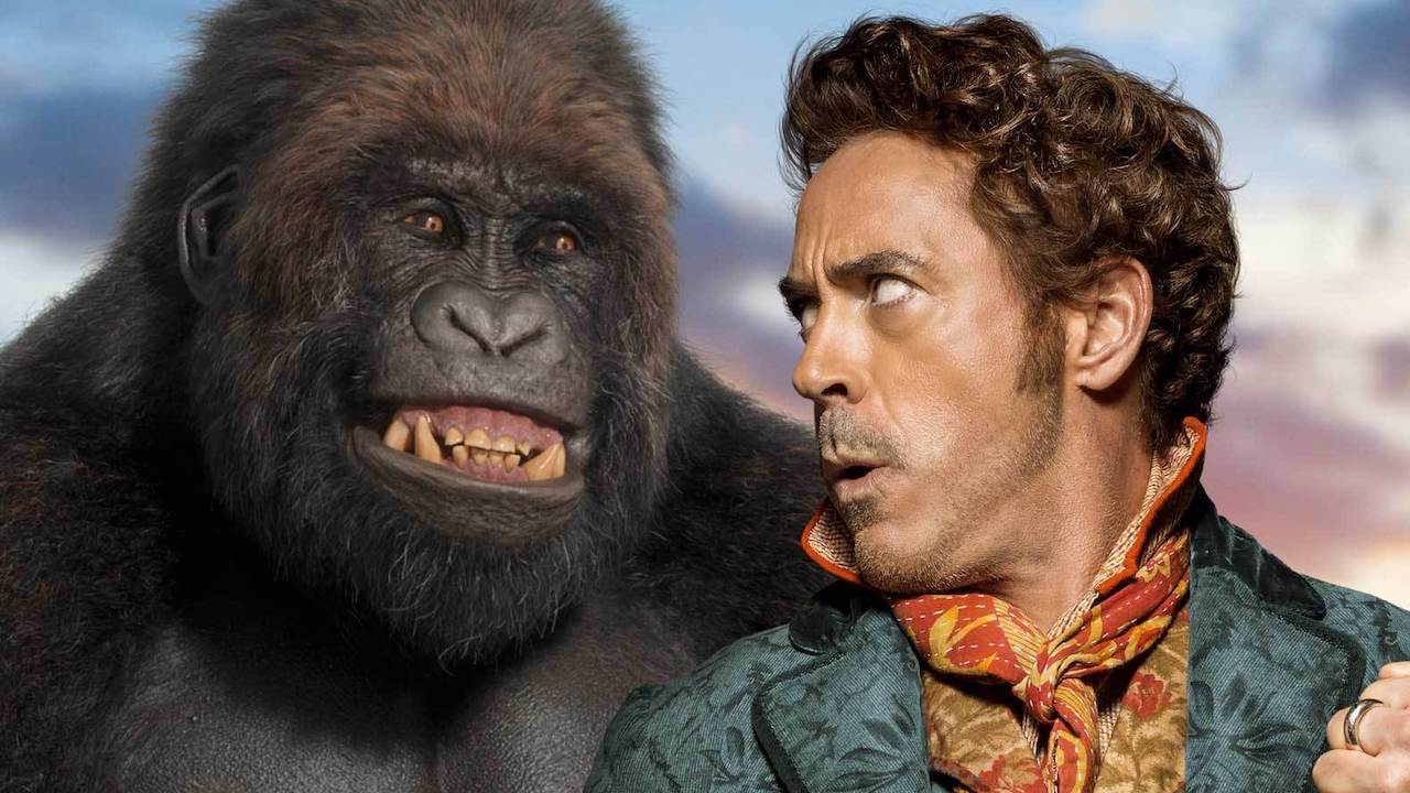 Dr Dolittle (Robert Downey Jr) with Chee-Chhe the gorilla (voiced by Rami Malek) in Dolittle (2020)