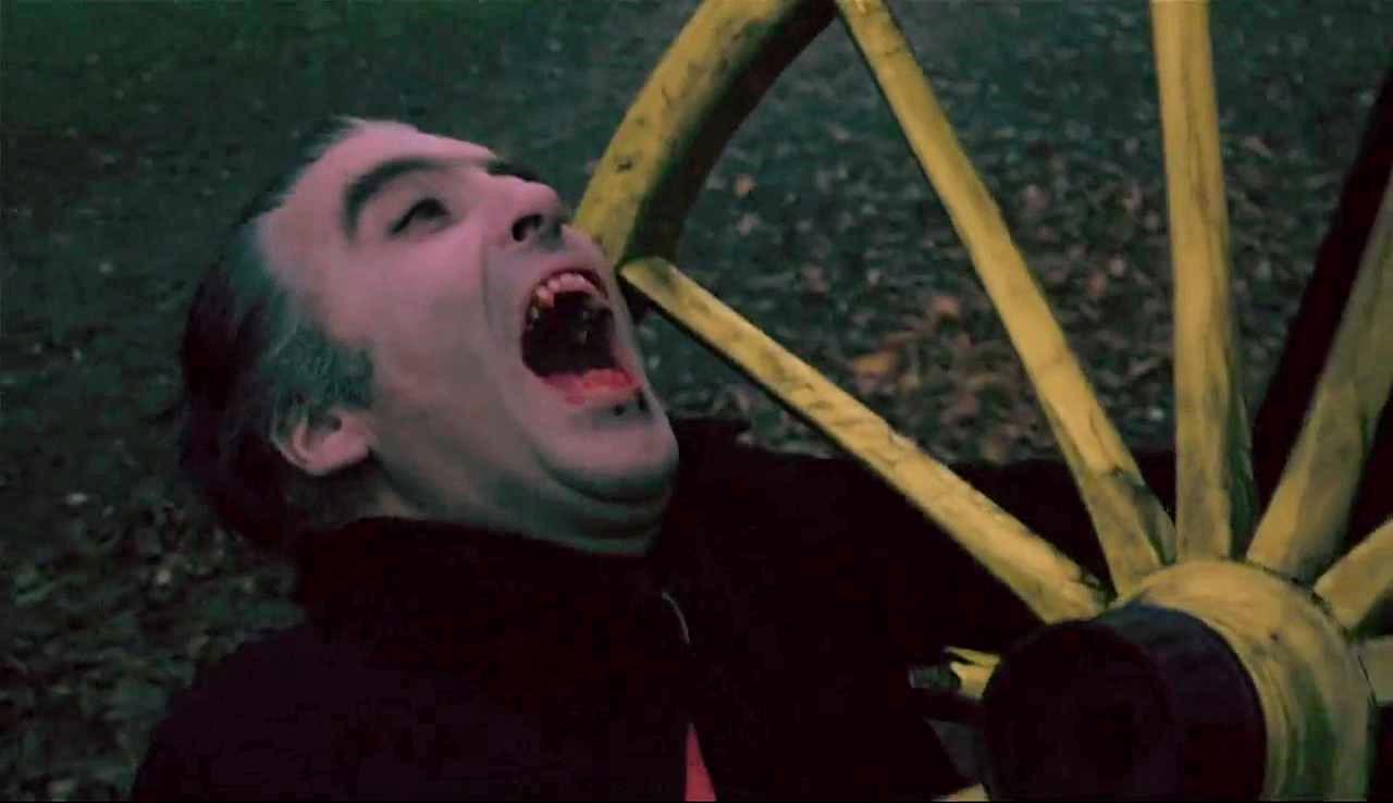 Dracula (Christopher Lee)'s death by impalement on a cartwheel in Dracula A.D. 1972 (1972)