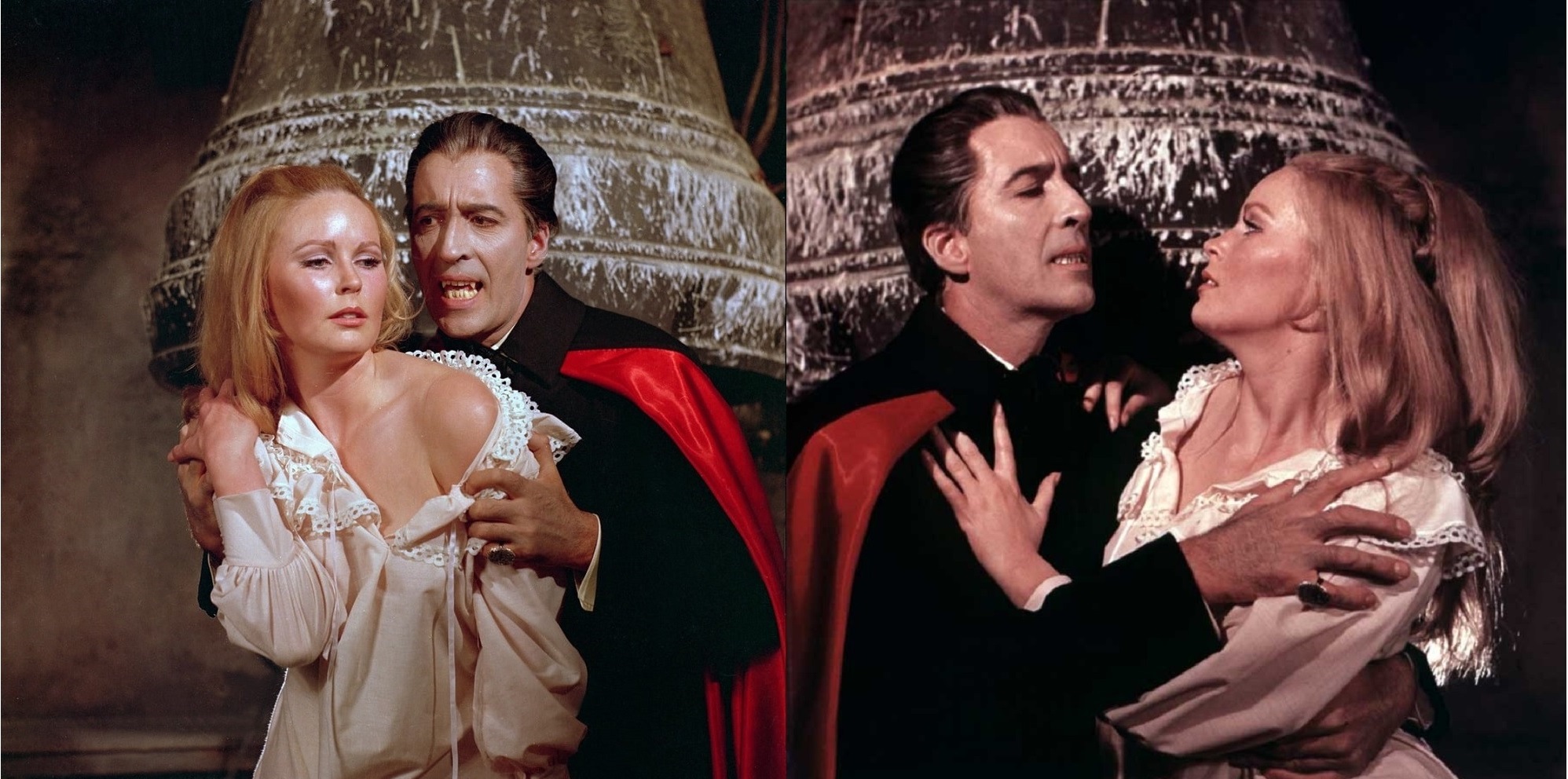 Dracula (Christopher Lee) menaces Veronica Carlson in Dracula Has Risen from the Grave (1968)