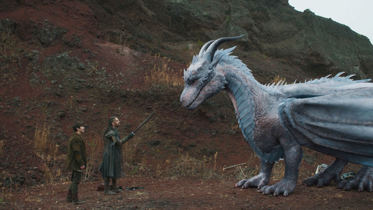 Lukas (Jack Kane), Darius (Joseph Millson) and the dragon Siveth (voiced by Helena Bonham Carter) in DragonHeart Vengeance (2020)