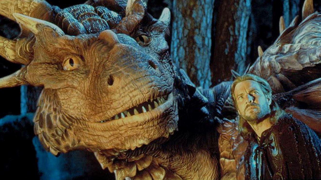 Draco the dragon (voiced by Sean Connery) and Bowen (Dennis Quaid) in DragonHeart (1996)