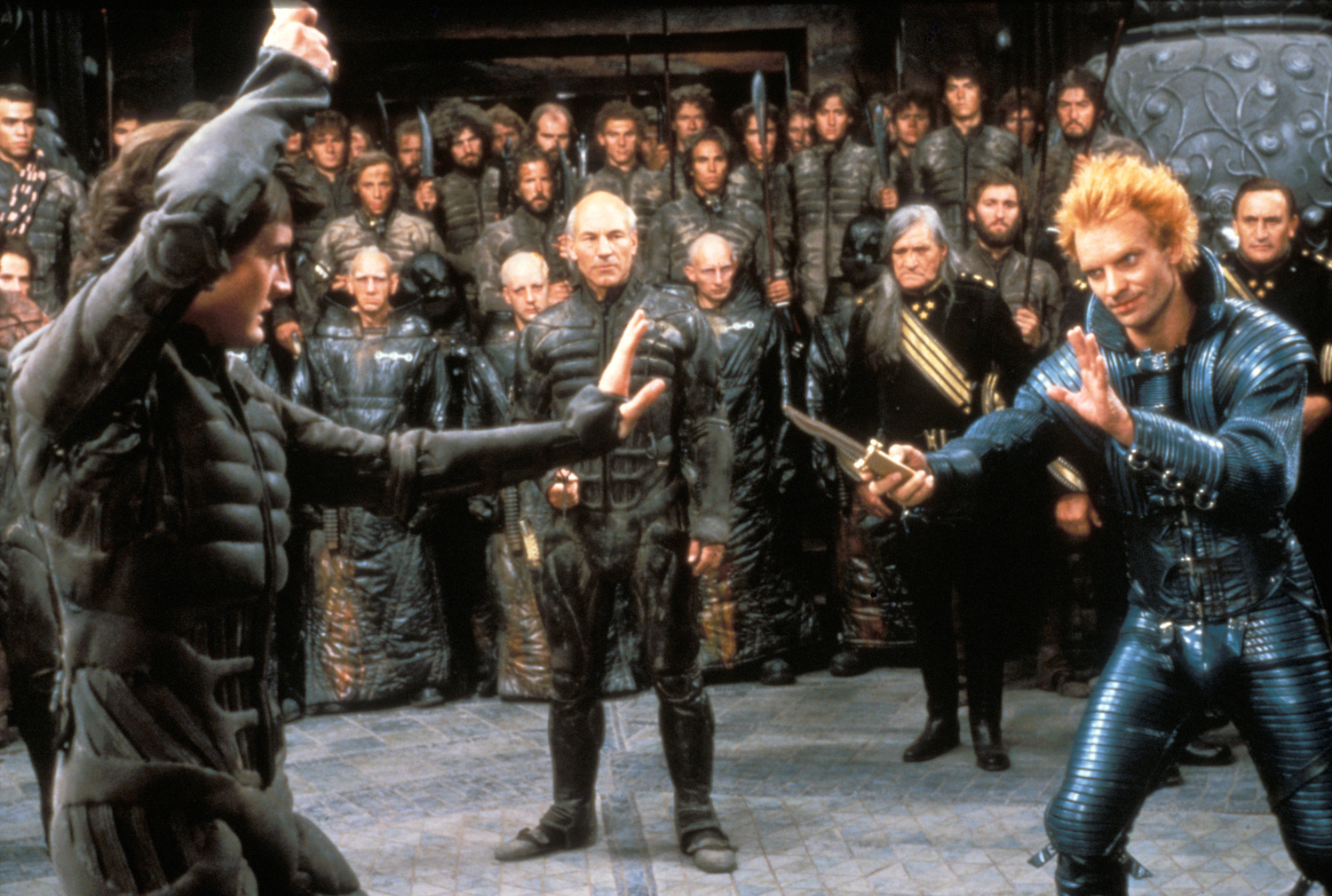 The climactic showdown between Paul (Kyle MacLachlan) and Feyd-Rautha (Sting) with Patrick Stewart as Gurney Hallick Dune (1984)