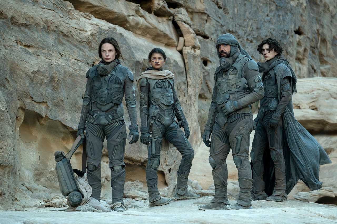 Lady Jessica (Rebecca Ferguson), Chani (Zendaya), Stilgar (Javier Bardem) and Paul Atreides (Timothee Chalamet) in Dune Part One (2021)