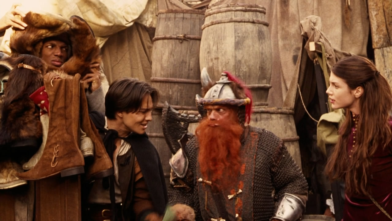 The party - (l to r) the thieves Snails (Marlon Wayans) and Ridley Freeborn (Justin Whalin), the dwarf Elwood (Lee Arenberg) and the magic user Marina of Pradenza (Zoe McLellan) in Dungeons and Dragons (2000)