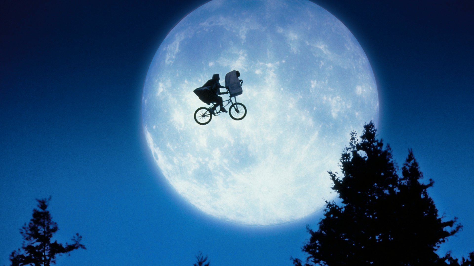 The iconic shot here the bicycle takes off and flies outlined against The Moon in E.T. - The Extra-Terrestrial (1982)