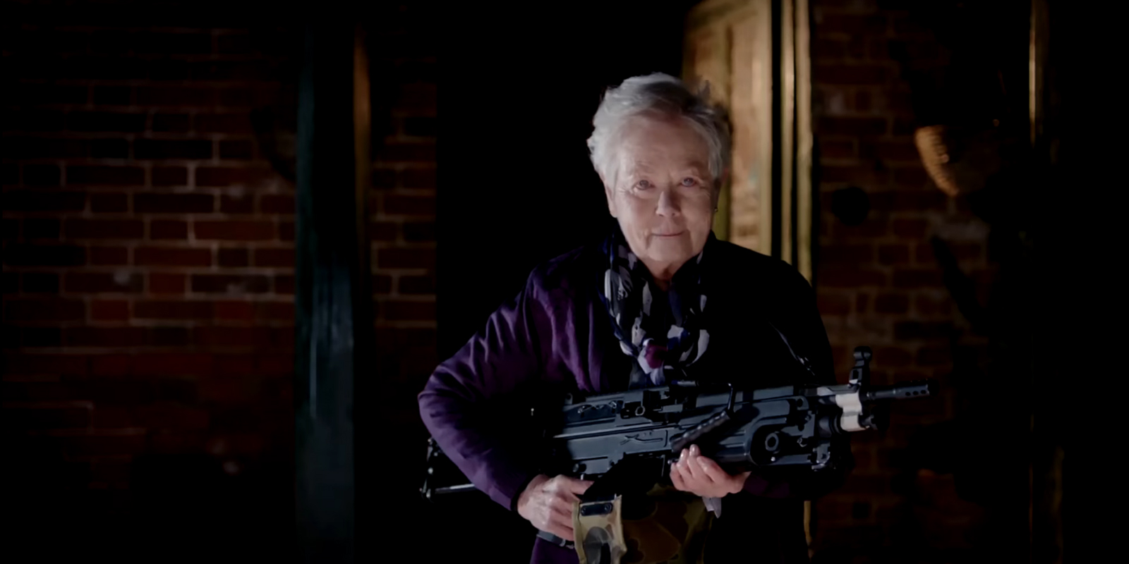 Annette Crosbie as the vampire senior with a machine gun in Eat Locals (2017)
