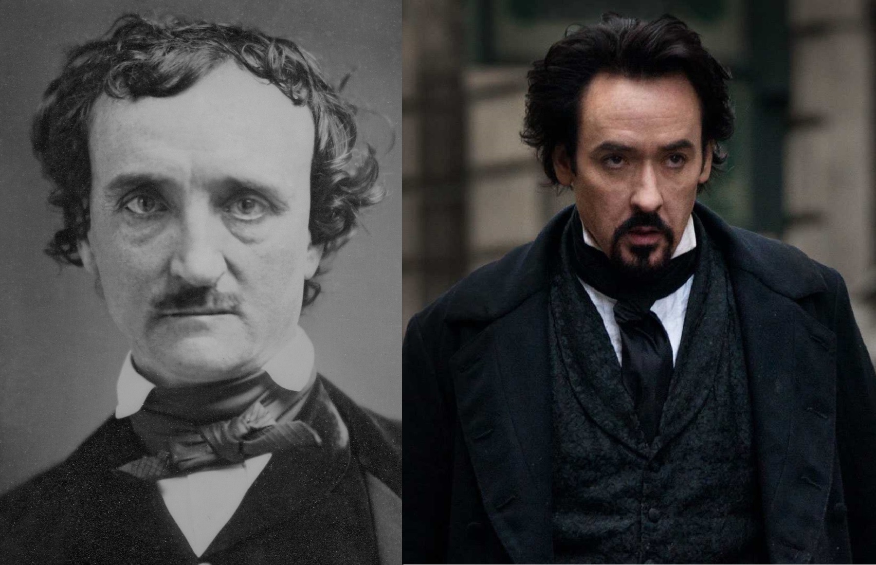 (l to r) The real Edgar Allan Poe vs John Cusack cast as Poe in The Raven (2012)