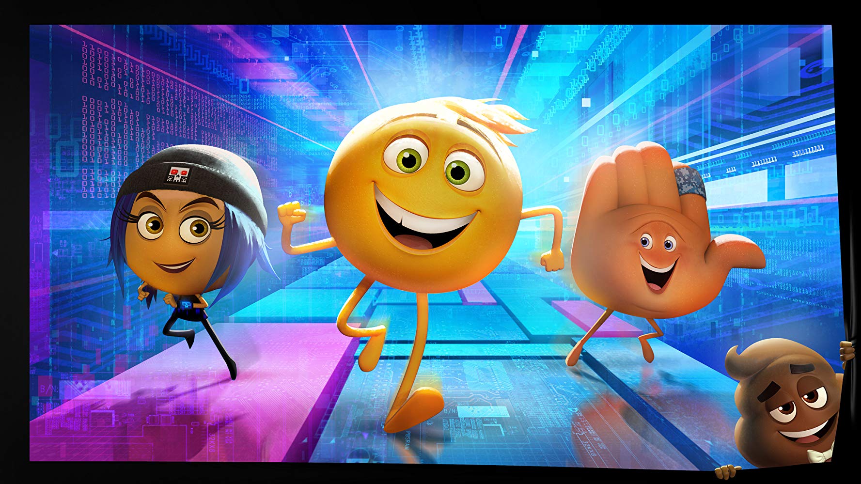 Jailbreak, Gene and H-5 with Poop peeking out of the edge of frame in The Emoji Movie (2017)