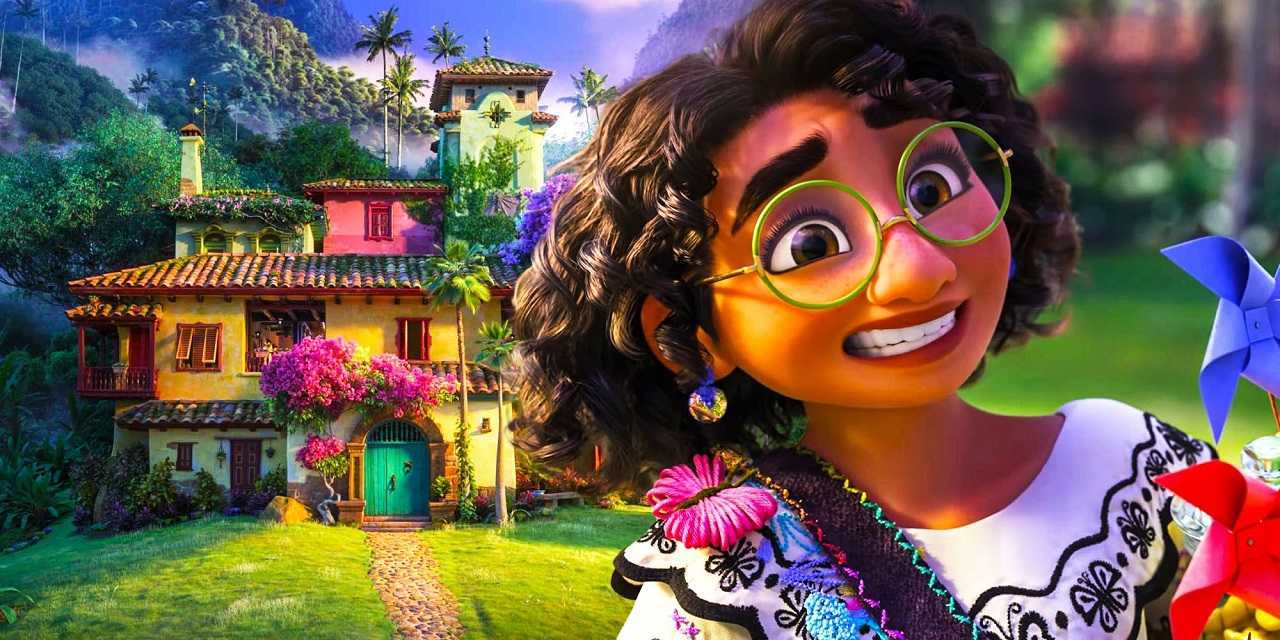 Mirabel (voiced by Stephanie Beatrix) with magical house in Encanto (2021)