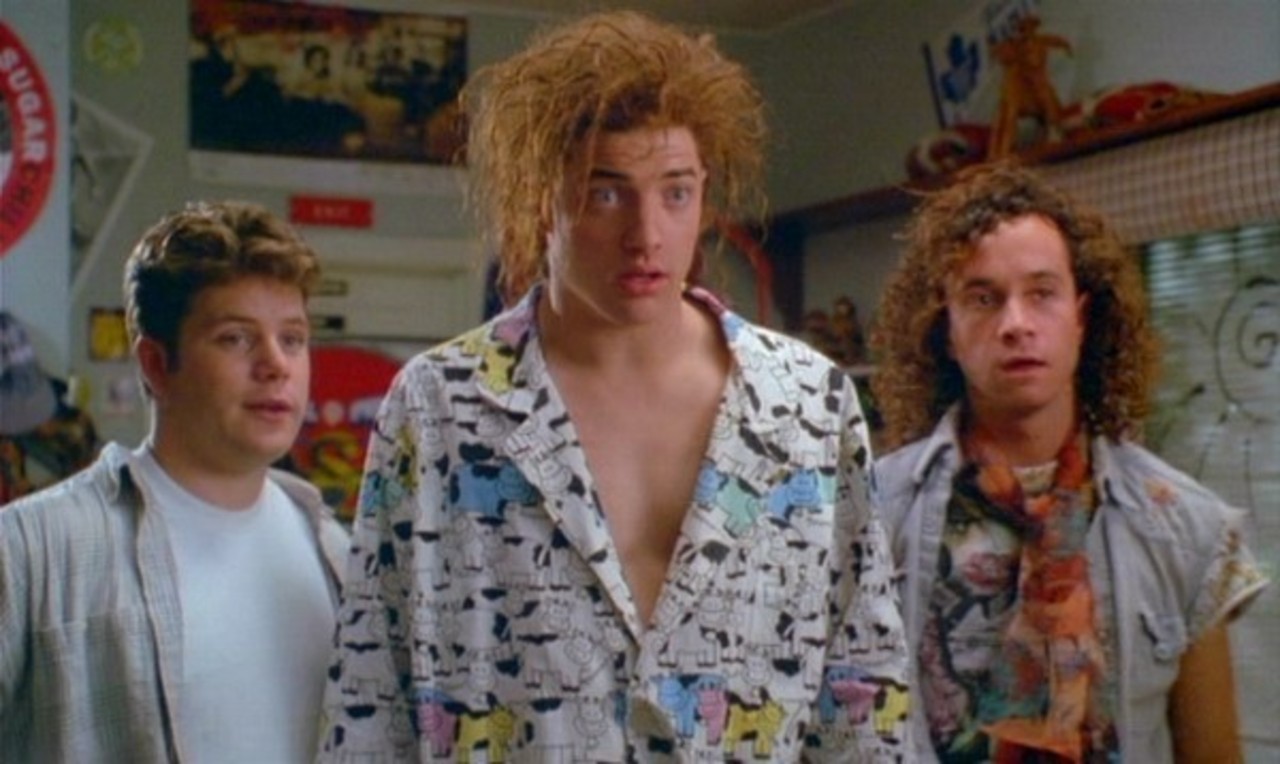 (l to r) Sean Astin, revived caveman Brendan Fraser and Pauly Shore in Encino Man (1992)