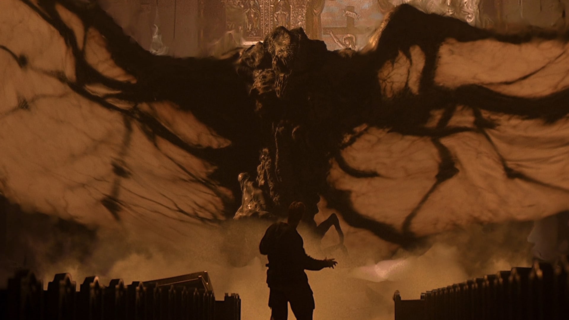 Arnold Schwarzenegger stands up to fight as Satan manifests as a giant CGI effect in End of Days (1999)