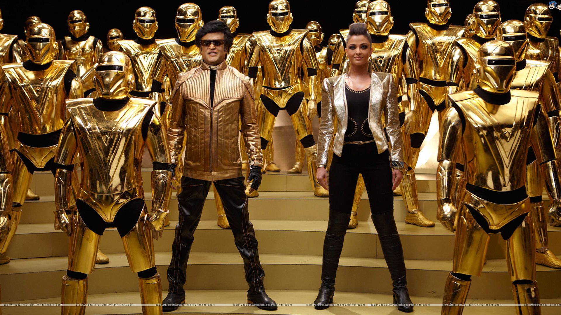 Superstar Rajni and Aishwarya Rai Bachchan along with an android chorus line in Endhiran (2010)