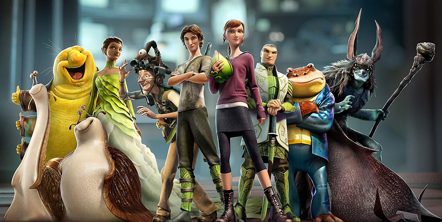 Character line-up - (l to r) Grub (voiced by Chris O'Dowd), Nim Galuu (voiced by Steven Tyler), Mub (voiced by Aziz Ansari), Queen Tara (voiced by Beyoncé), Professor Bomba (voiced by Jason Sudeikis), Nod (voiced by Josh Hutcherson), shrunken human heroine M.K. (voiced by Amanda Seyfried), Ronin (voiced by Colin Farrell), Bugo (voiced by Pitbull) and the Boggan leader Mandrake (voiced by Christoph Waltz) in Epic (2013)