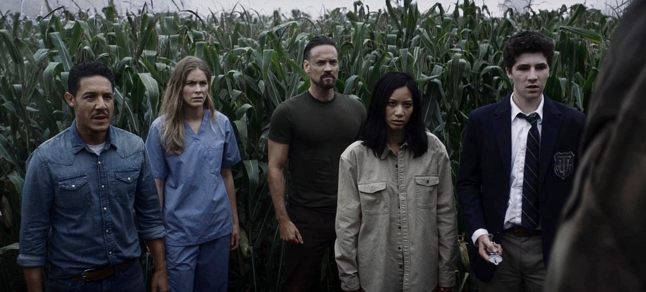 Theo Rossi, Jordan Claire Robbins, Shane West, Elena Juatco and Julian Feder trapped in a cornfield in Escape the Field (2022)
