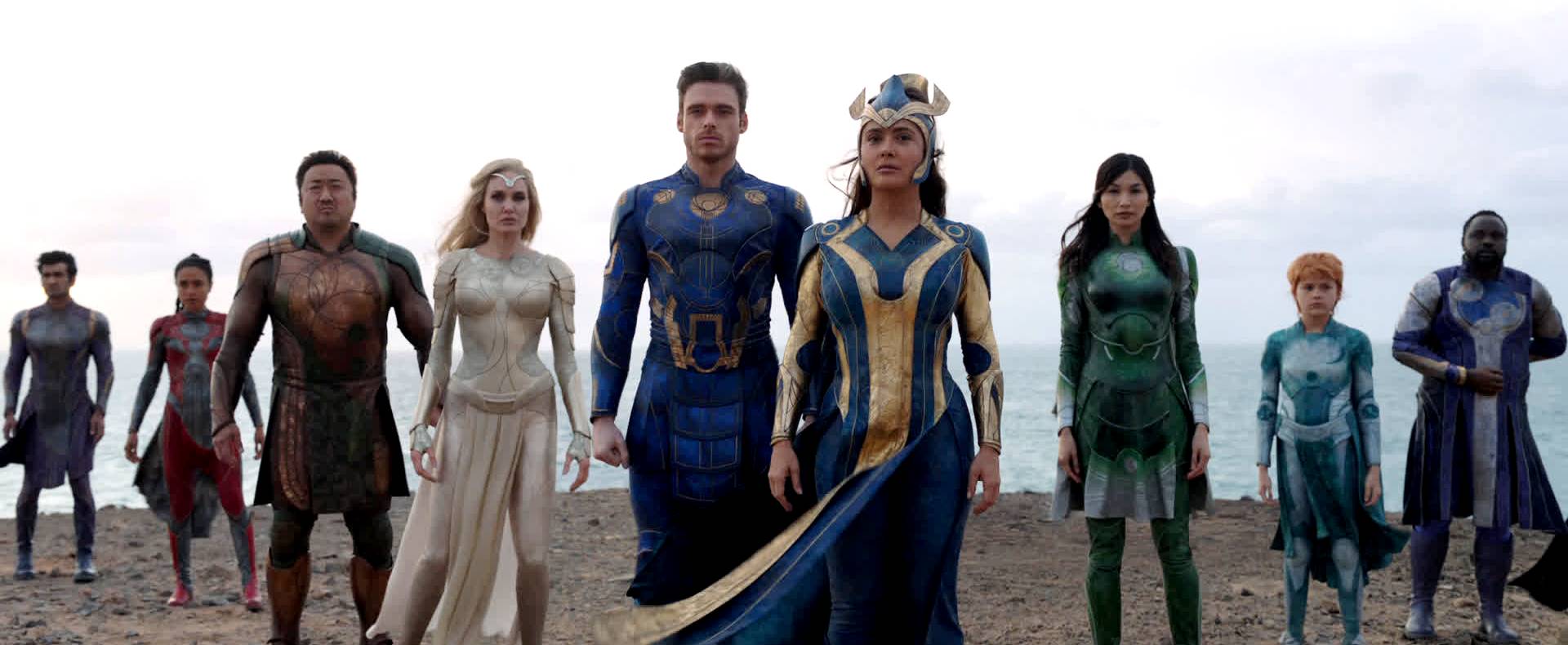 Kingo (Kumail Nanjiani), Makkari (Lauren Ridloff), Gilgamesh (Don Lee) Thena (Angelina Jolie), Ikaris (Richard Madden), Ajak (Salma Hayek), Sersi (Gemma Chan), Sprite (Lia McHugh) and Phastos (Brian Tyree McHenry) in Eternals (2021)