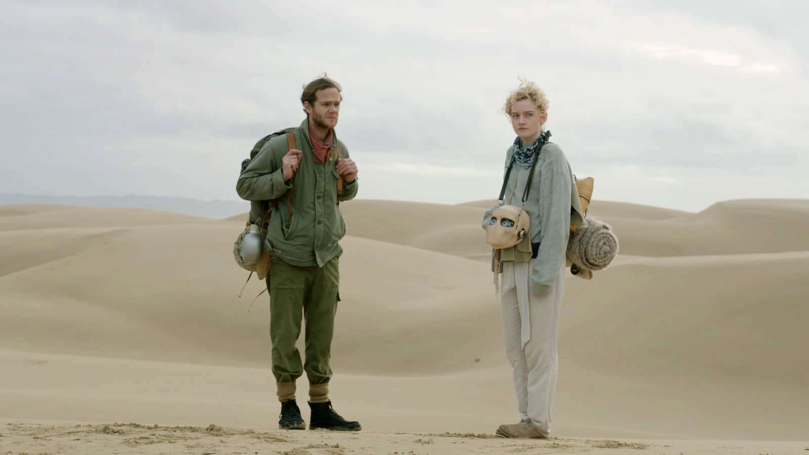 Joseph Cross and Julia Garner with robot head in Everything Beautiful is Far Away (2017)