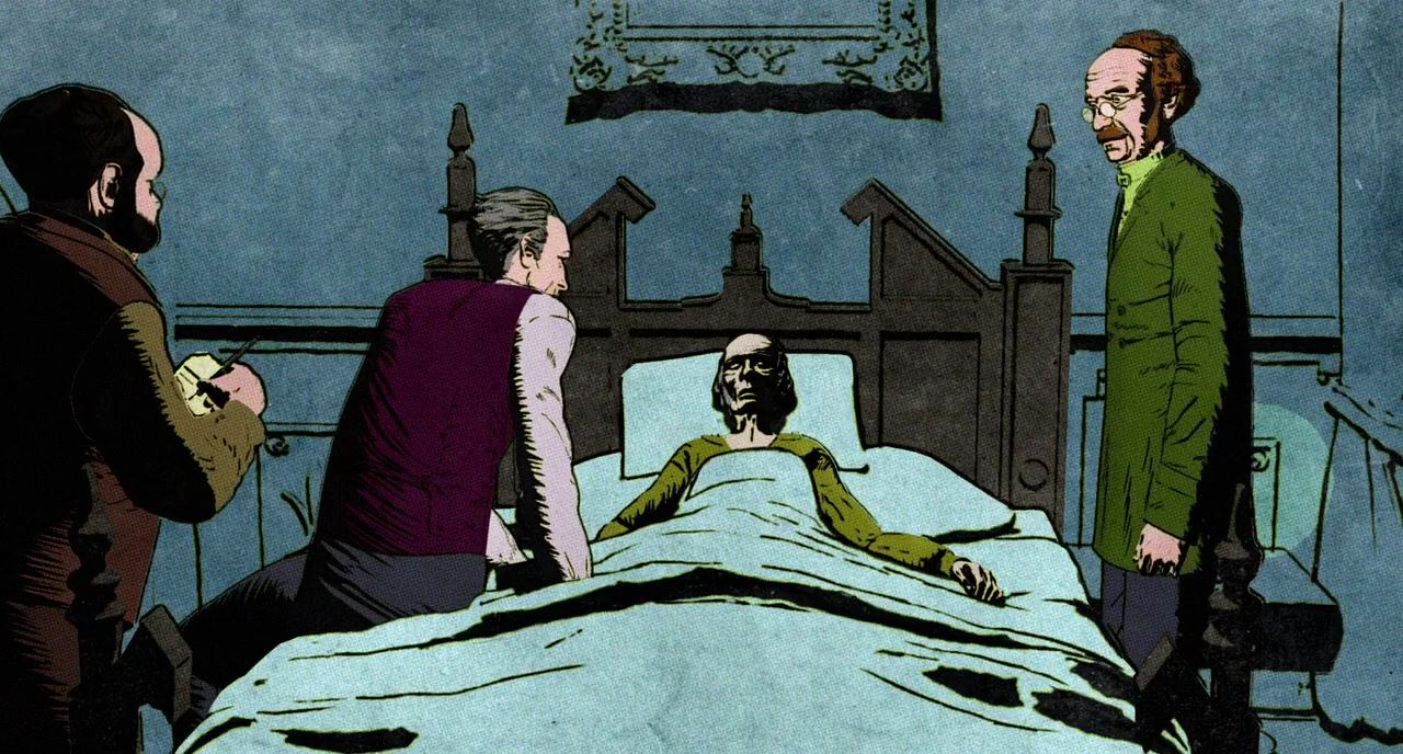 People gather at the bedside of the hypnotised Valdemar in The Facts in the Case of M. Valdemar episode of Extraordinary Tales (2015)