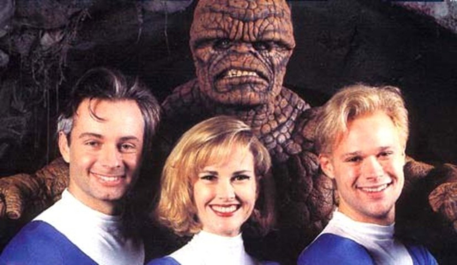 Alex Hyde-White as Reed Richards, Rebecca Staab as Susan Storm, Jay Underwood as Johnny Storm, and Carl Ciarfalio as Ben Grimm in The Fantastic Four (1994)