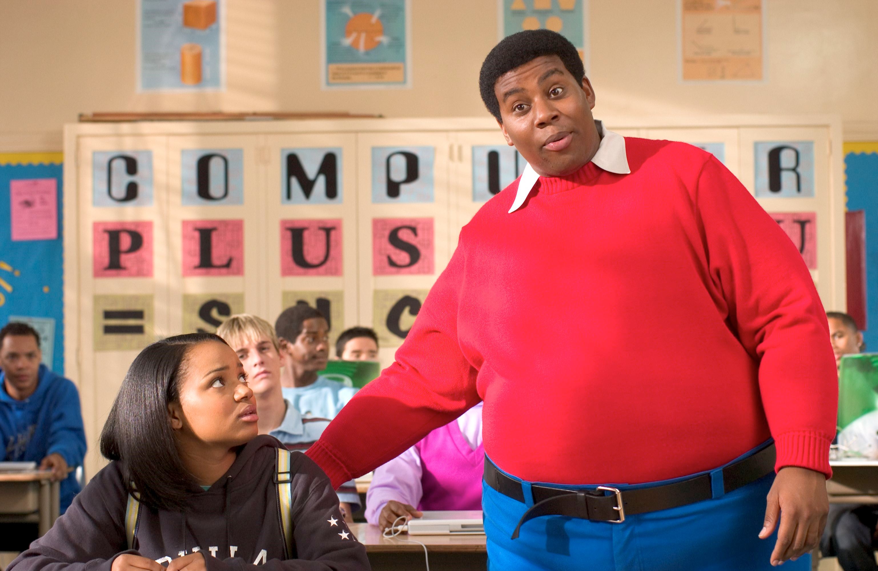 Fat Albert (Kenan Thompson) having stepped out into the real world to help Kyla Pratt in Fat Albert (2004)