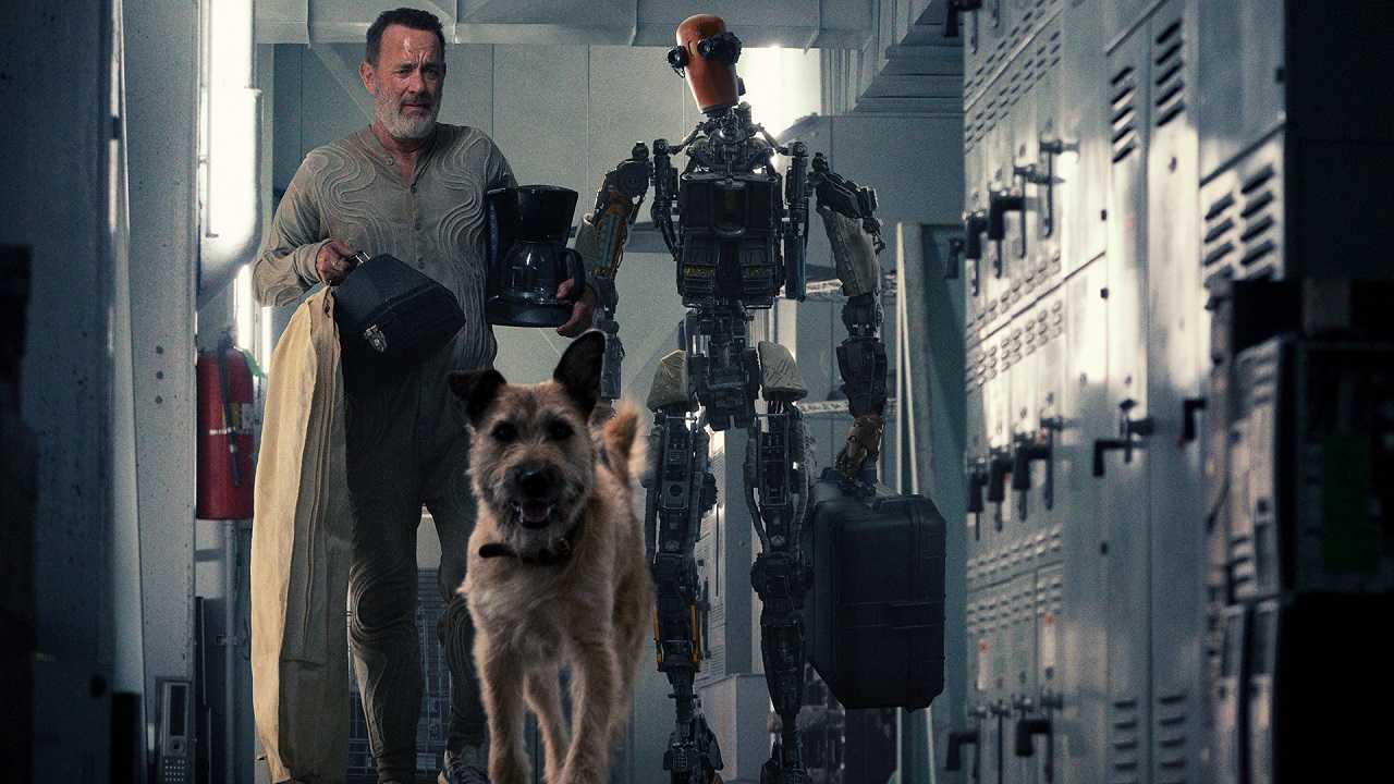 Finch Weinberg (Tom Hanks), Goodyear the dog and Jeff the robot (Caleb Landry Jones) in Finch (2021)