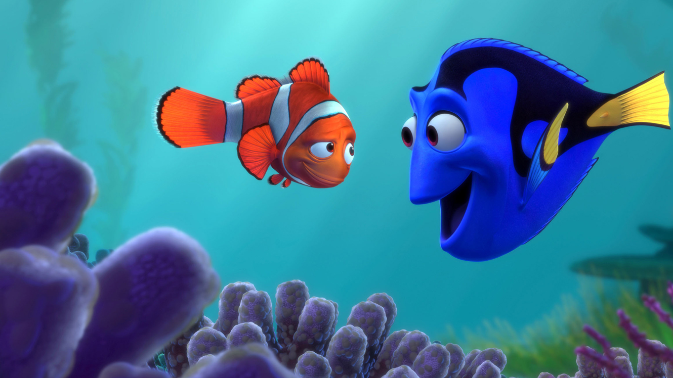 Marlin (voiced by Albert Brooks) meets Dory (voiced by Ellen DeGeneres) in Finding Nemo (2003)