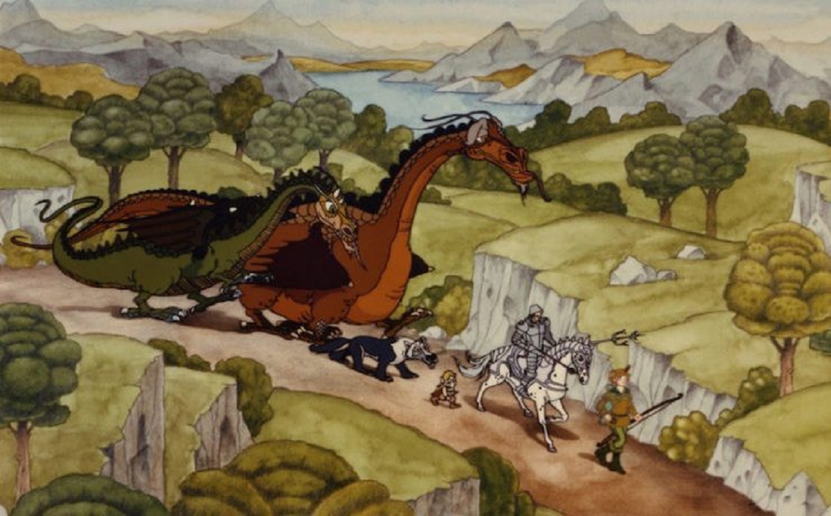 The dragons Gorbash, and Smrgol, the wolf Aragh, the elf Giles of the Tree, Sir Orrin Neville-Smythe and the archer Danielle in The Flight of Dragons (1982)
