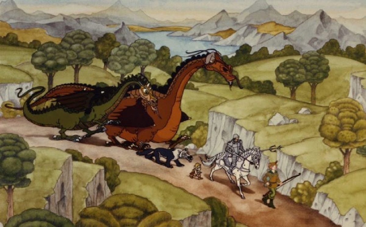 The dragons Gorbash, and Smrgol, the wolf Aragh, the elf Giles of the Tree, Sir Orrin Neville-Smythe and the archer Danielle in The Flight of Dragons (1982)