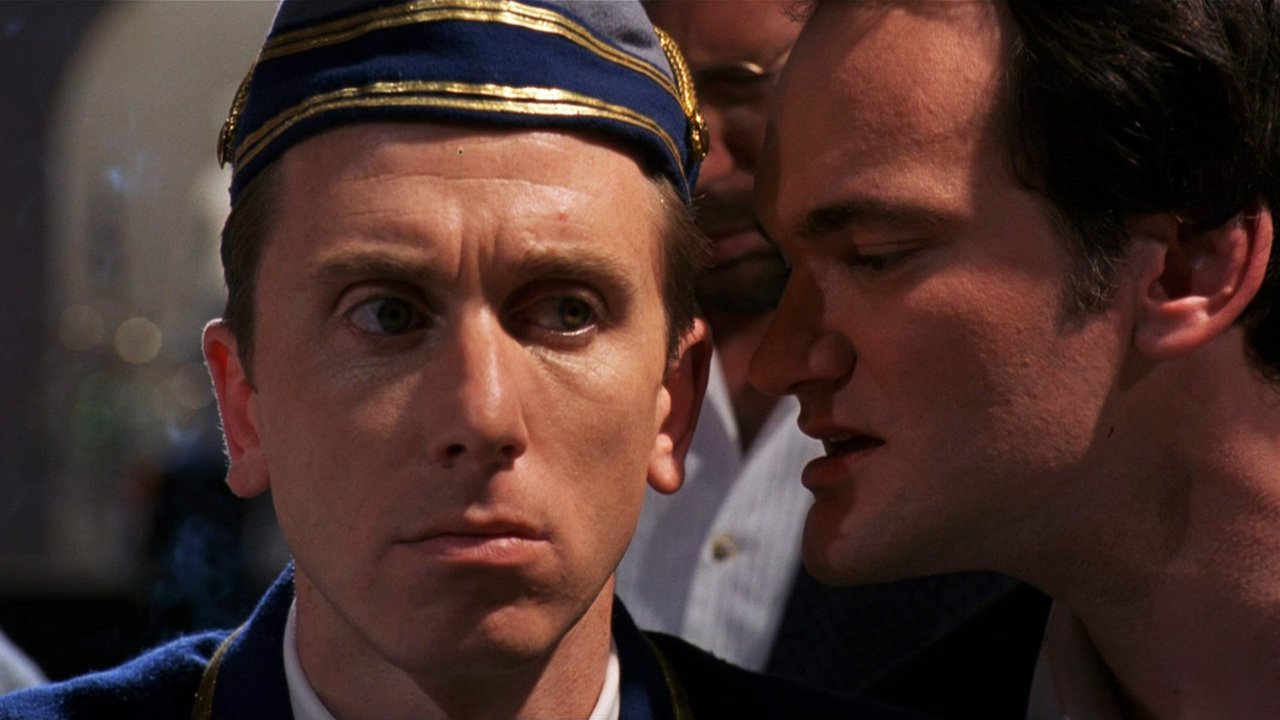 (l to r) Longsuffering bellboy ted (Tim Roth) with Quentin Tarantino as a producer in The Man from Hollywood episode of Four Rooms (1995)