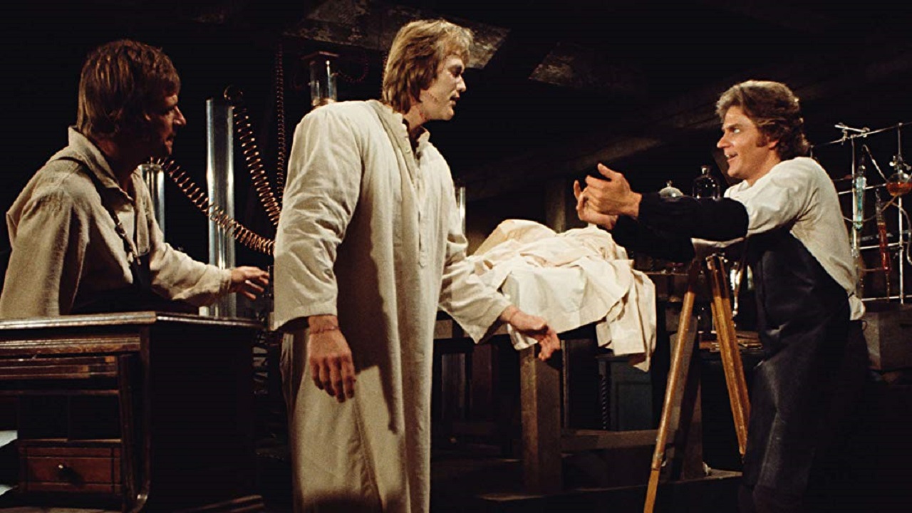 (l to r) Henry Clerval (Robert Gentry), The Monster (Bo Svenson) and Victor Frankenstein (Robert Foxworth) in Frankenstein (1973)