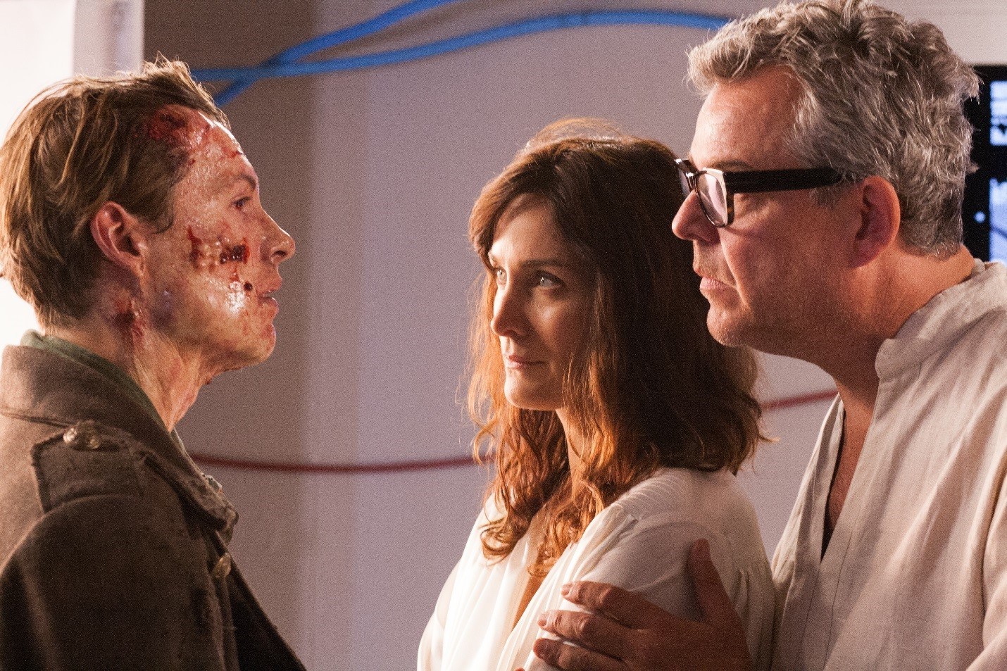 The Monster (Xavier Samuel) with Dr Frankenstein (Danny Huston) and Elizabeth (Carrie-Ann Moss) in Frankenstein (2015)