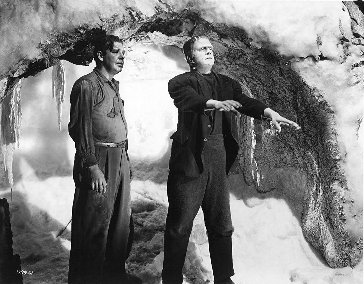 Larry Talbot (Lon Chaney Jr) and the Frankenstein Monster (Bela Lugosi) in Frankenstein Meets the Wolf Man (1943)
